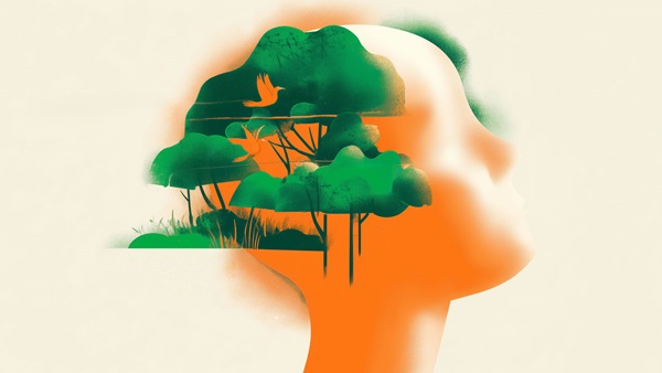 testa stilizzata e alberi al posto del cervello