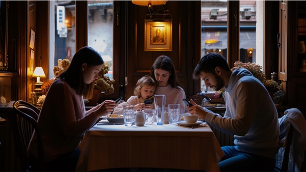 famiglia a cena con lo smartphone