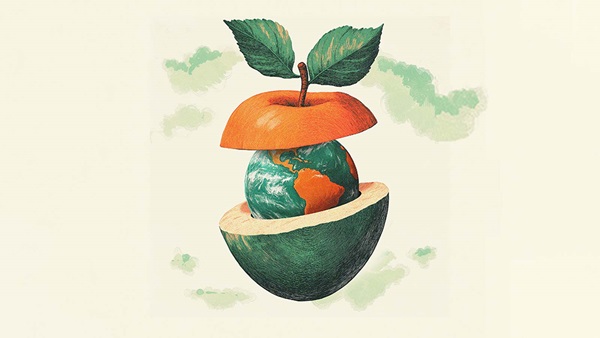 illustrazione con nocciolo di frutta a forma di mondo