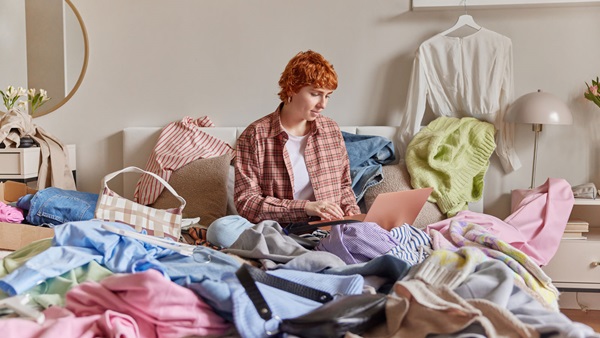 persona seduta tra i vestiti