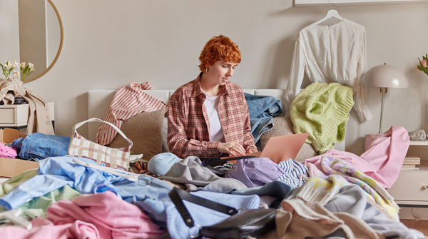 persona seduta tra i vestiti